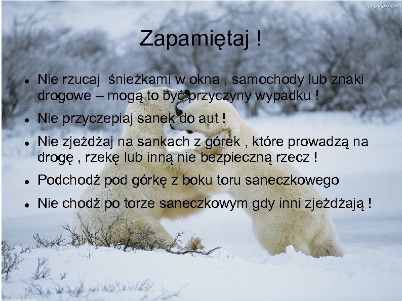 Zapamiętaj ! Nie rzucaj śnieżkami w okna , samochody lub znaki drogowe – mogą