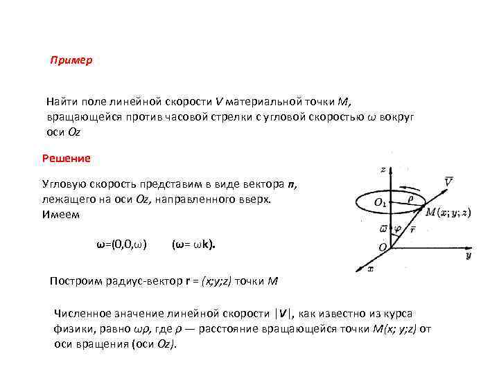Пример Найти поле линейной скорости V материальной точки М, вращающейся против часовой стрелки с