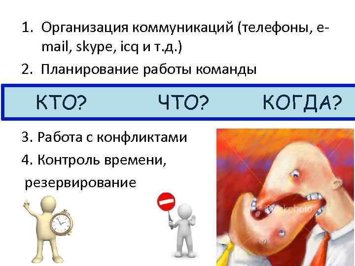 1. Организация коммуникаций (телефоны, email, skype, icq и т. д. ) 2. Планирование работы