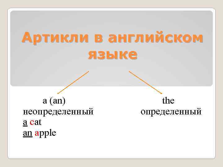 Артикли в английском языке a (an) неопределенный a cat an apple the определенный 