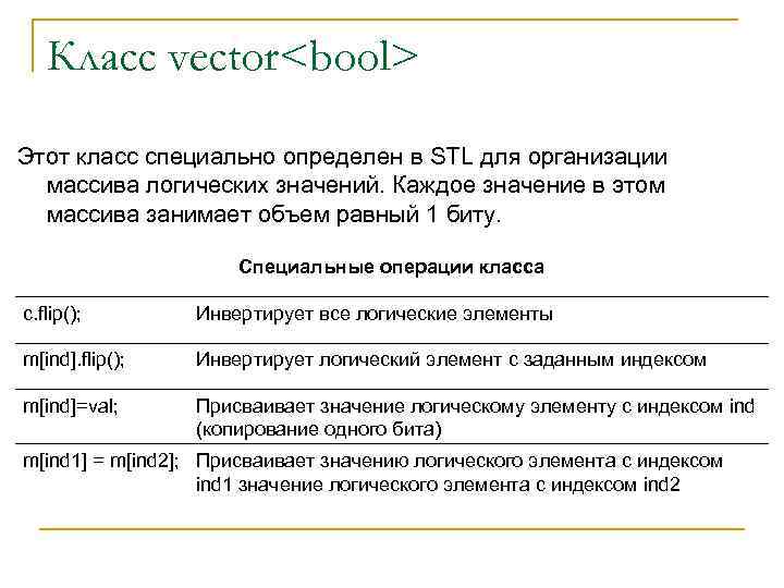 Класс vector<bool> Этот класс специально определен в STL для организации массива логических значений. Каждое