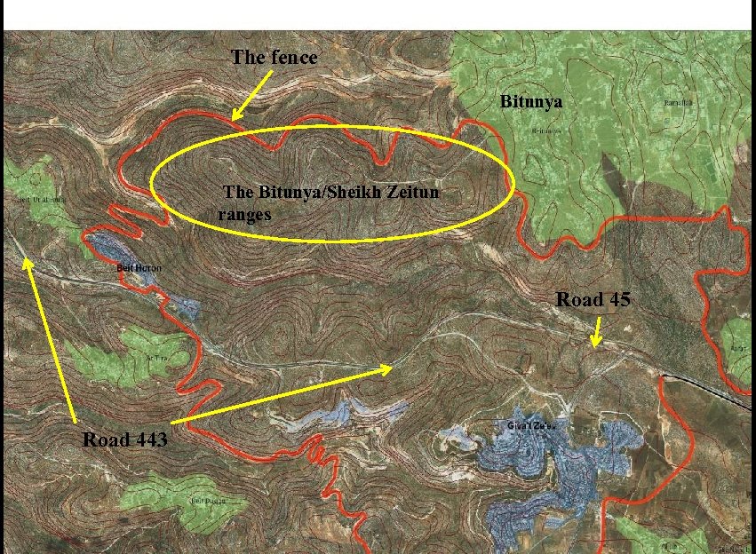 The fence Bitunya The Bitunya/Sheikh Zeitun ranges Road 45 Road 443 