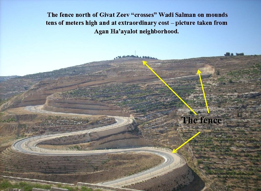 The fence north of Givat Zeev “crosses” Wadi Salman on mounds tens of meters