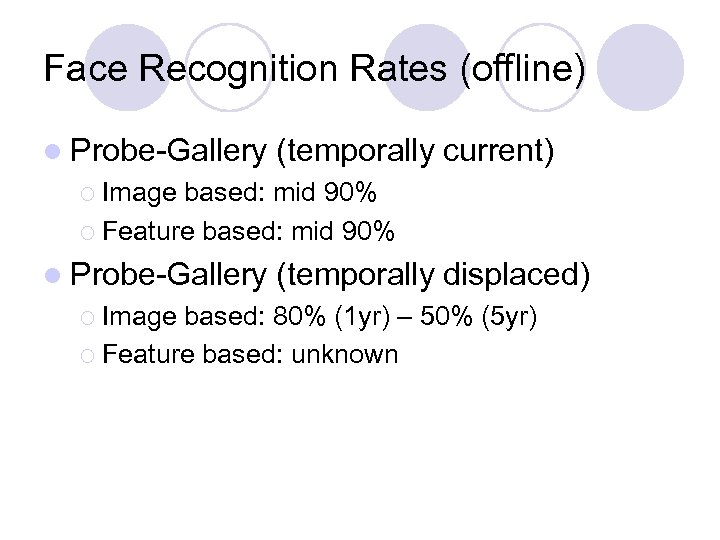 Face Recognition Rates (offline) l Probe-Gallery (temporally current) ¡ Image based: mid 90% ¡