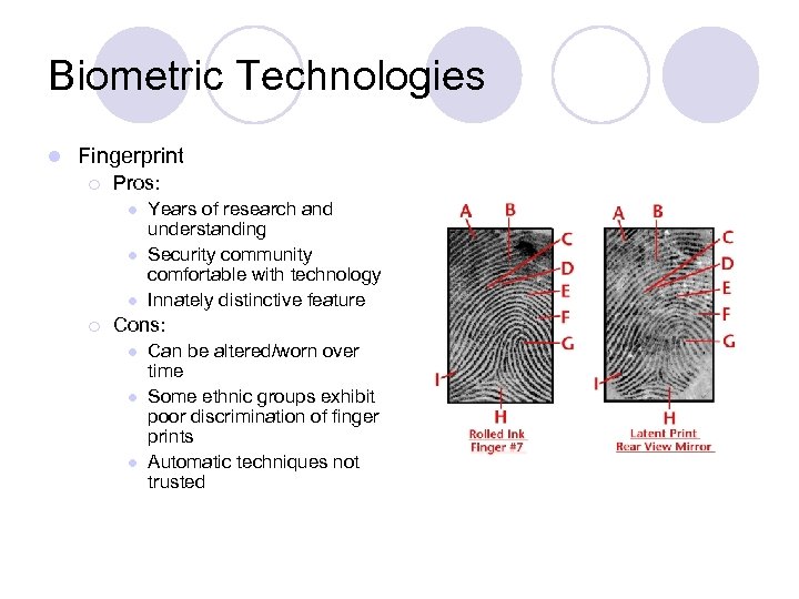 Biometric Technologies l Fingerprint ¡ Pros: l l l ¡ Years of research and