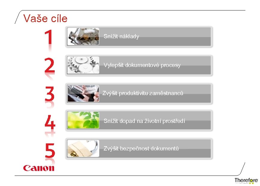 Vaše cíle Snížit náklady Vylepšit dokumentové procesy Zvýšit produktivitu zaměstnanců Snížit dopad na životní