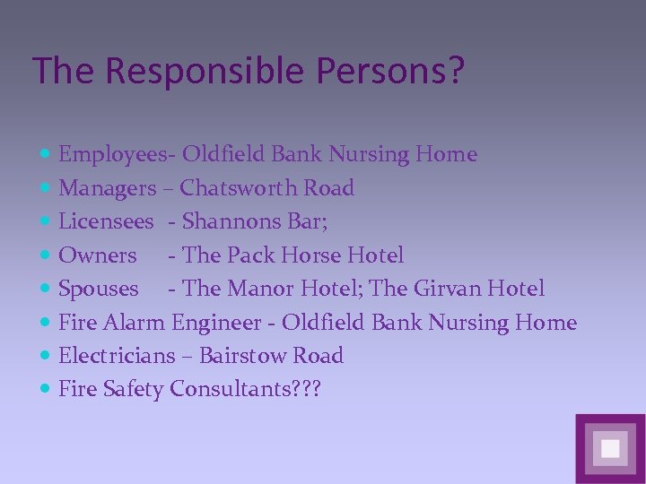 The Responsible Persons? Employees- Oldfield Bank Nursing Home Managers – Chatsworth Road Licensees -