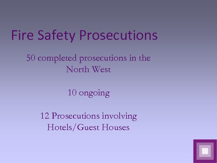 Fire Safety Prosecutions 50 completed prosecutions in the North West 10 ongoing 12 Prosecutions