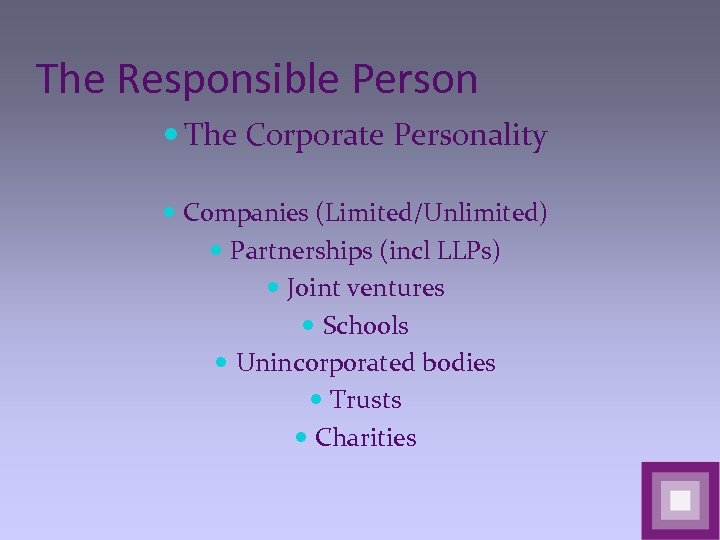 The Responsible Person The Corporate Personality Companies (Limited/Unlimited) Partnerships (incl LLPs) Joint ventures Schools