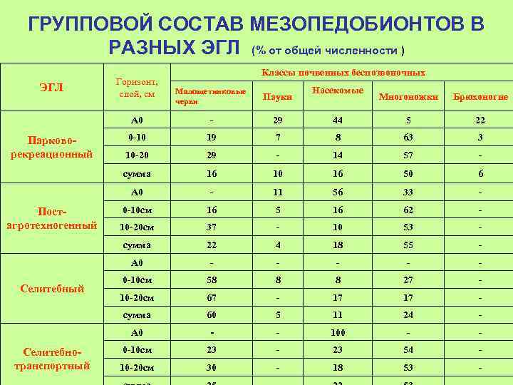 ГРУППОВОЙ СОСТАВ МЕЗОПЕДОБИОНТОВ В РАЗНЫХ ЭГЛ (% от общей численности ) ЭГЛ Горизонт, слой,