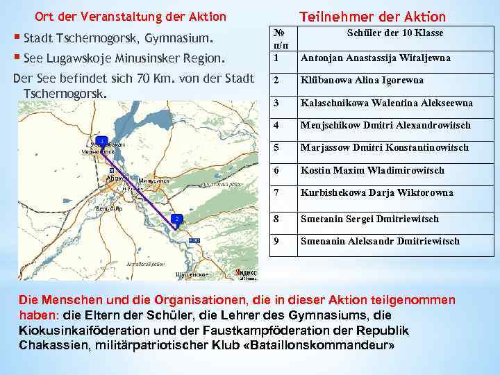 Teilnehmer der Aktion Ort der Veranstaltung der Aktion § Stadt Tschernogorsk, Gymnasium. § See