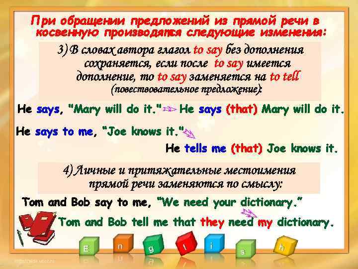 При обращении предложений из прямой речи в косвенную производятся следующие изменения: 3) В словах