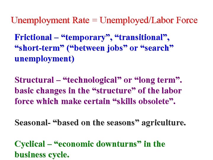 Unemployment Rate = Unemployed/Labor Force Frictional – “temporary”, “transitional”, “short-term” (“between jobs” or “search”