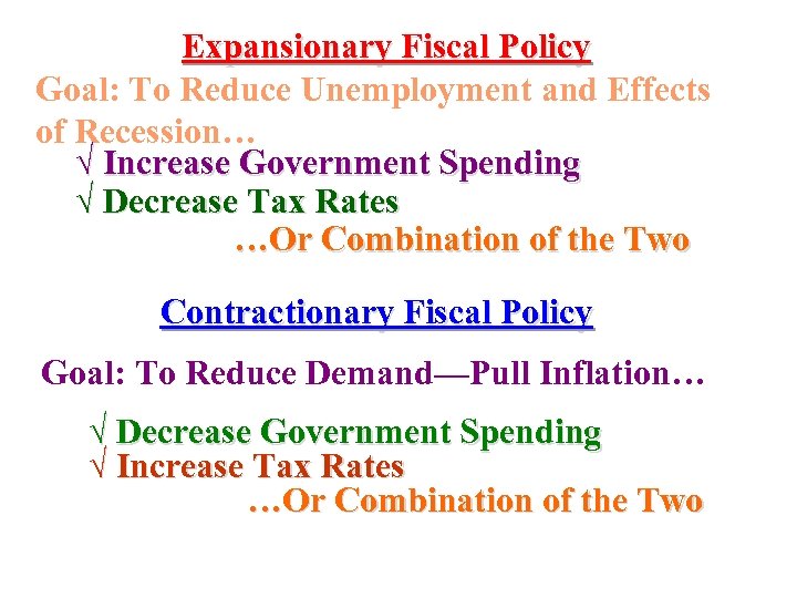 Expansionary Fiscal Policy Goal: To Reduce Unemployment and Effects of Recession… √ Increase Government