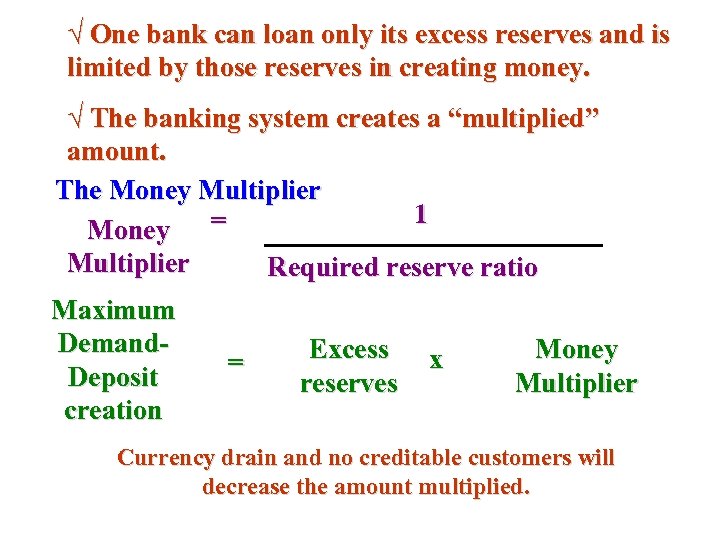 √ One bank can loan only its excess reserves and is limited by those