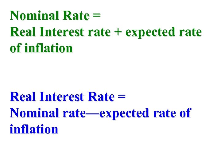 Nominal Rate = Real Interest rate + expected rate of inflation Real Interest Rate