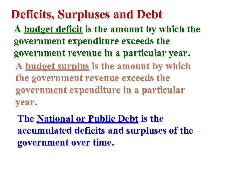 Deficits, Surpluses and Debt A budget deficit is the amount by which the government