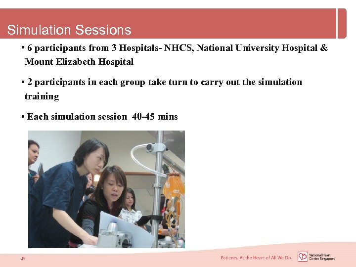 Simulation Sessions • 6 participants from 3 Hospitals- NHCS, National University Hospital & Mount