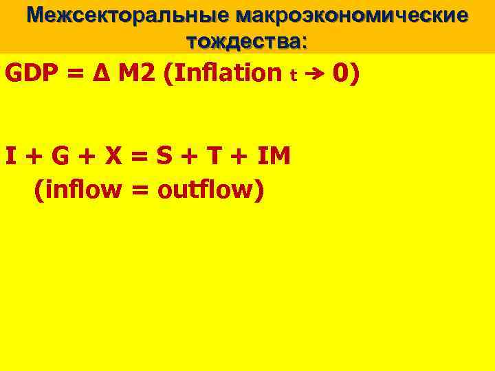 Межсекторальные макроэкономические тождества: GDP = ∆ M 2 (Inflation t I + G +