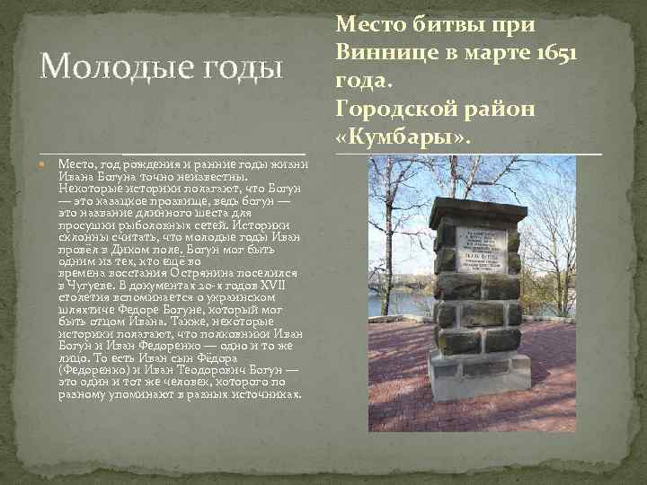 Молодые годы Место, год рождения и ранние годы жизни Ивана Богуна точно неизвестны. Некоторые