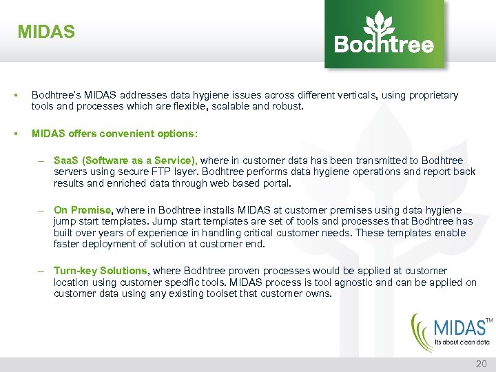 MIDAS § Bodhtree’s MIDAS addresses data hygiene issues across different verticals, using proprietary tools