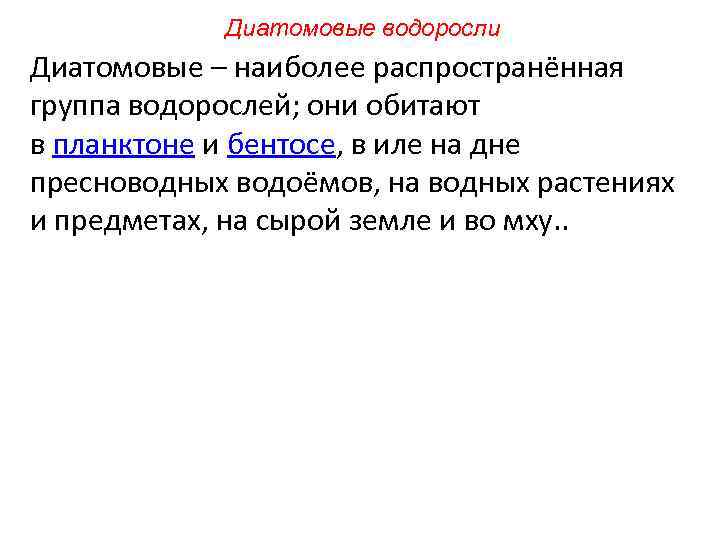 Диатомовые водоросли Диатомовые – наиболее распространённая группа водорослей; они обитают в планктоне и бентосе,