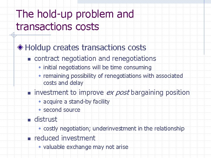 The hold-up problem and transactions costs Holdup creates transactions costs n contract negotiation and