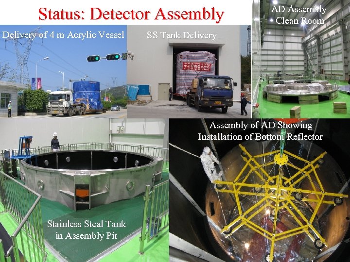 Status: Detector Assembly Delivery of 4 m Acrylic Vessel AD Assembly Clean Room SS