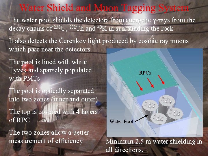 Water Shield and Muon Tagging System The water pool shields the detectors from energetic