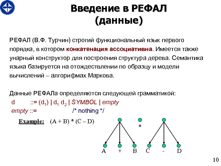 Введение в РЕФАЛ (данные) РЕФАЛ (В. Ф. Турчин) строгий функциональный язык первого порядка, в
