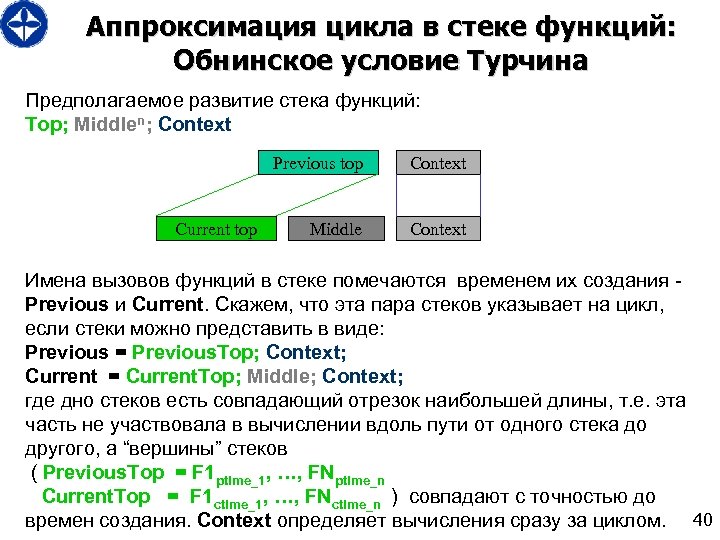 Аппроксимация цикла в стеке функций: Обнинское условие Турчина Предполагаемое развитие стека функций: Top; Middlen;