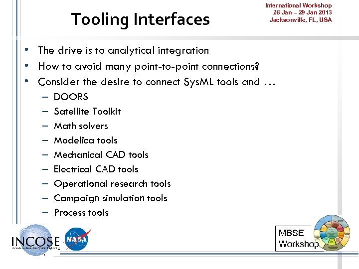 Tooling Interfaces International Workshop 26 Jan – 29 Jan 2013 Jacksonville, FL, USA •