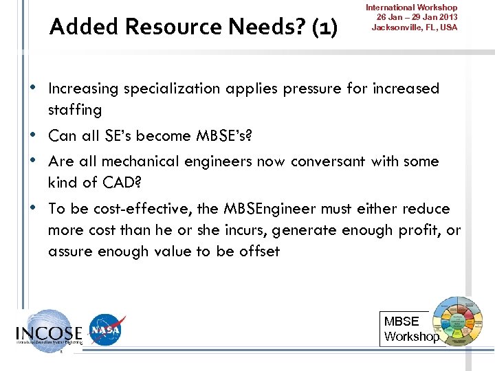 Added Resource Needs? (1) International Workshop 26 Jan – 29 Jan 2013 Jacksonville, FL,