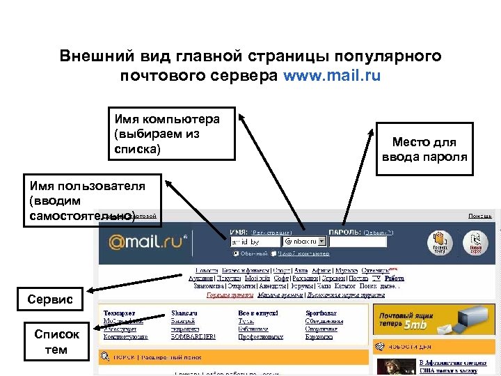 Внешний вид главной страницы популярного почтового сервера www. mail. ru Имя компьютера (выбираем из
