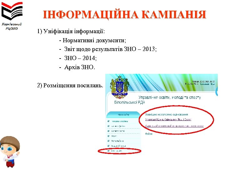 ІНФОРМАЦІЙНА КАМПАНІЯ 1) Уніфікація інформації: - Нормативні документи; - Звіт щодо результатів ЗНО –