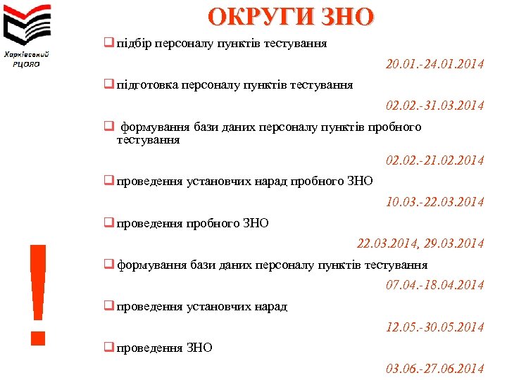 ОКРУГИ ЗНО q підбір персоналу пунктів тестування 20. 01. -24. 01. 2014 q підготовка