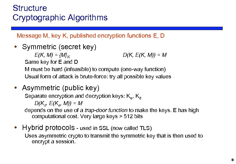 Structure Cryptographic Algorithms Message M, key K, published encryption functions E, D Symmetric (secret