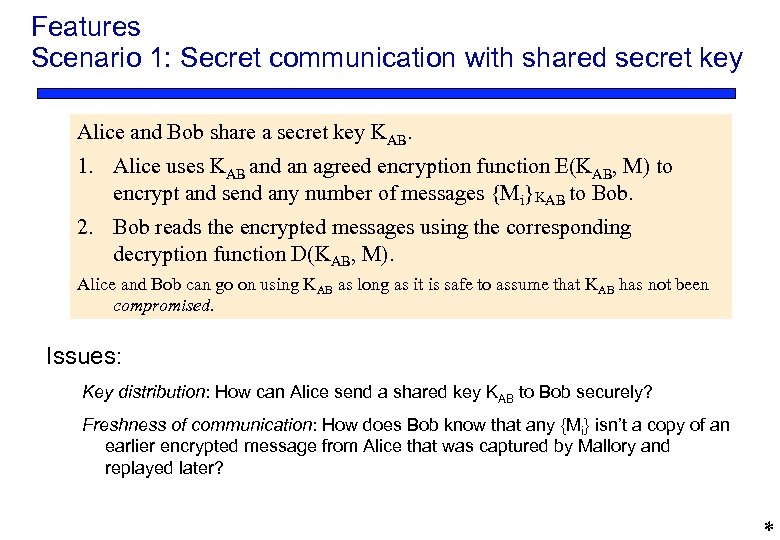 Features Scenario 1: Secret communication with shared secret key Alice and Bob share a