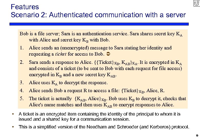 Features Scenario 2: Authenticated communication with a server Bob is a file server; Sara