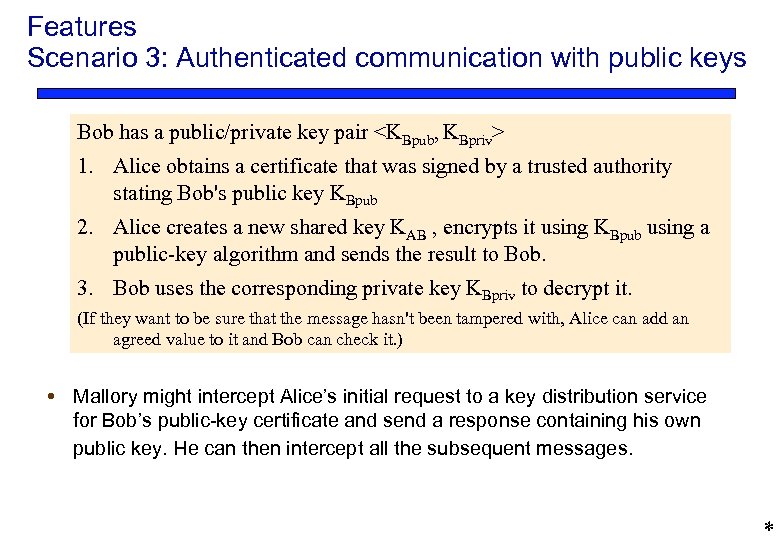 Features Scenario 3: Authenticated communication with public keys Bob has a public/private key pair