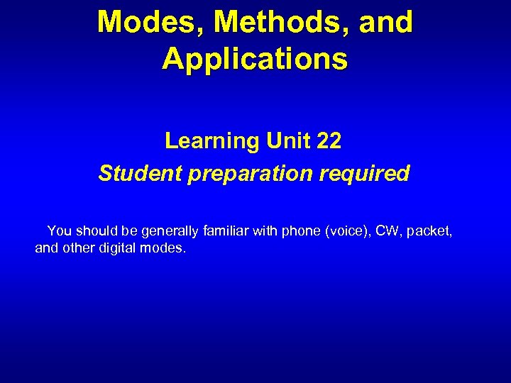 Modes, Methods, and Applications Learning Unit 22 Student preparation required You should be generally
