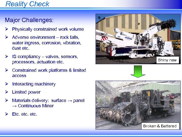 Reality Check Major Challenges: Ø Physically constrained work volume Ø Adverse environment – rock