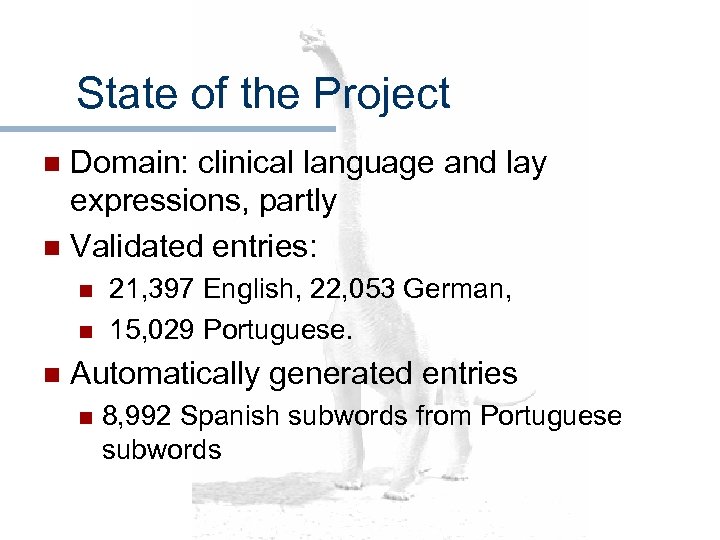 State of the Project Domain: clinical language and lay expressions, partly n Validated entries: