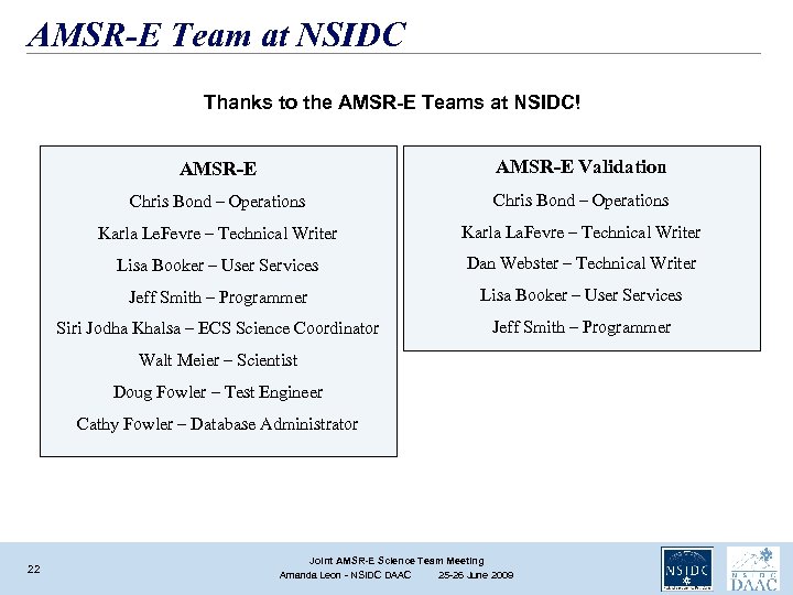 AMSR-E Team at NSIDC Thanks to the AMSR-E Teams at NSIDC! AMSR-E Validation Chris