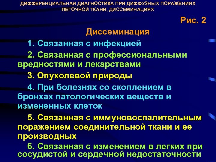 ДИФФЕРЕНЦИАЛЬНАЯ ДИАГНОСТИКА ПРИ ДИФФУЗНЫХ ПОРАЖЕНИЯХ ЛЕГОЧНОЙ ТКАНИ, ДИССЕМИНАЦИЯХ Рис. 2 Диссеминация 1. Связанная с