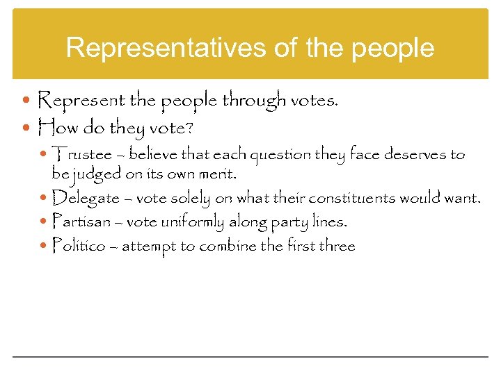 Representatives of the people Represent the people through votes. How do they vote? Trustee