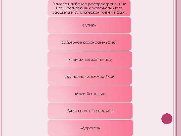 В число наиболее распространенных игр, достигающих максимального расцвета в супружеской жизни, входят: «Тупик» ;