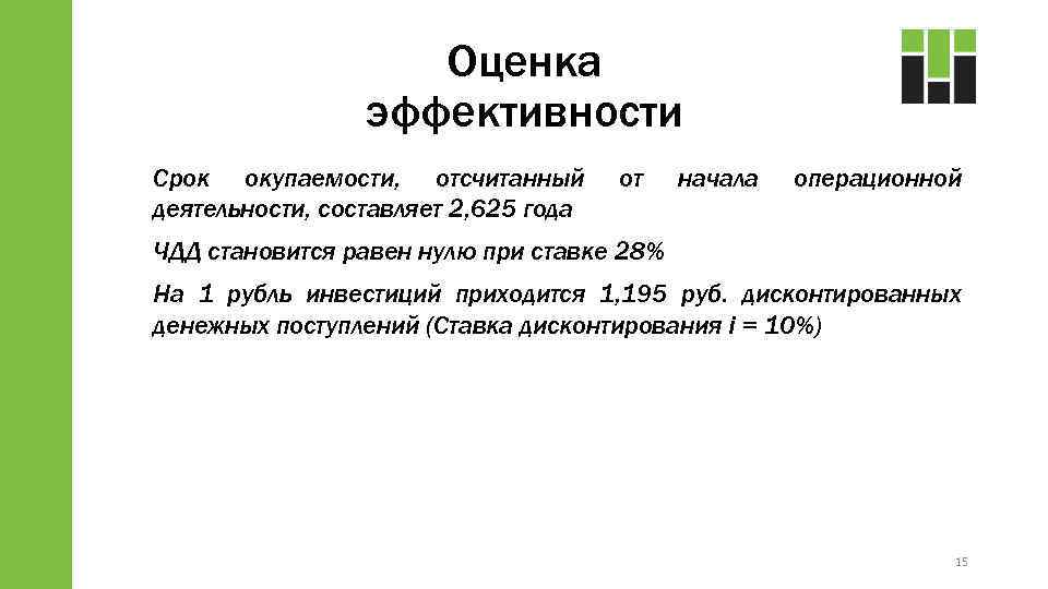 Оценка эффективности Срок окупаемости, отсчитанный деятельности, составляет 2, 625 года от начала операционной ЧДД