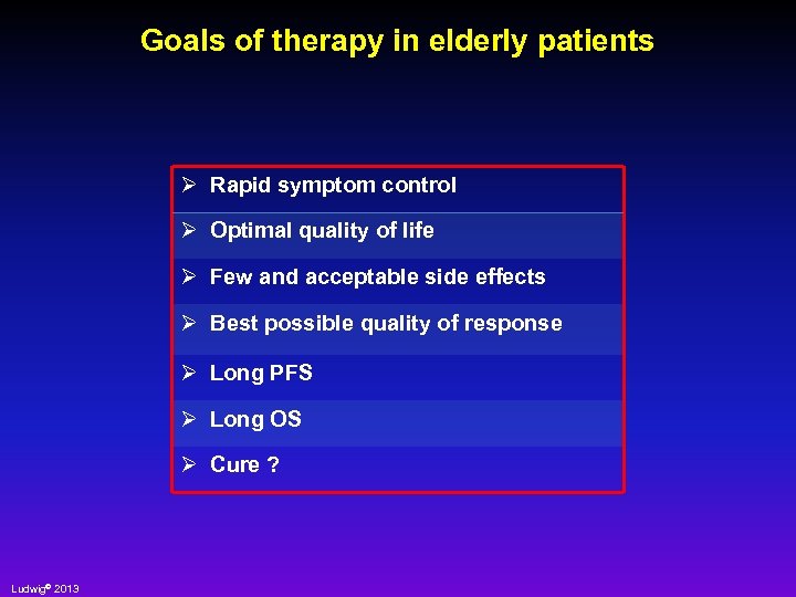 Goals of therapy in elderly patients Ø Rapid symptom control Ø Optimal quality of