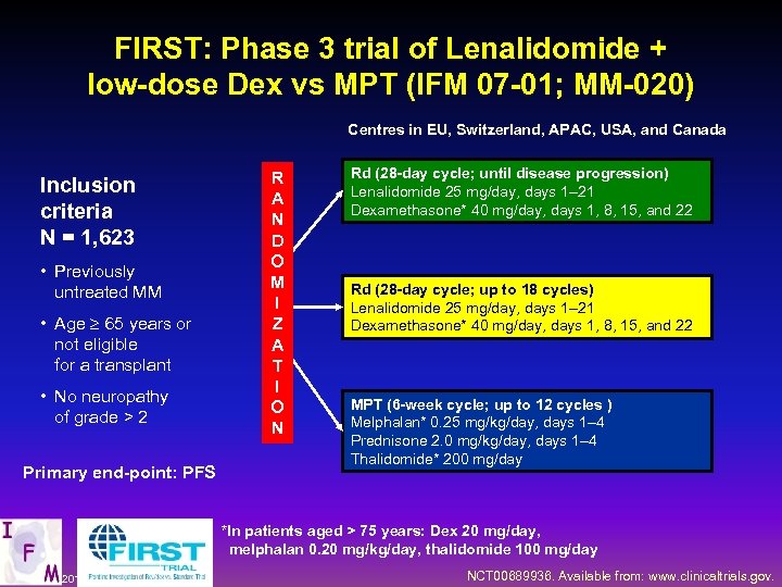 FIRST: Phase 3 trial of Lenalidomide + low-dose Dex vs MPT (IFM 07 -01;